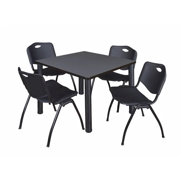 Regency Kee 42x22 Square Breakroom Table- Grey/ Black & 4 &M& Stack Chairs- Black