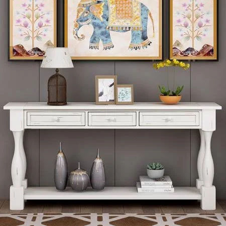 Wood Console Table Sofa Table with Drawers and Shelf Living Room Furniture-White - Size: 163X38X76CM