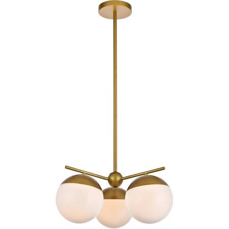Brass Tone Finish Pendants 21 inch Wide Frosted White Round Glass Shade Metal/Glass Material E26 Medium 3 Light Fixture, Size: 2