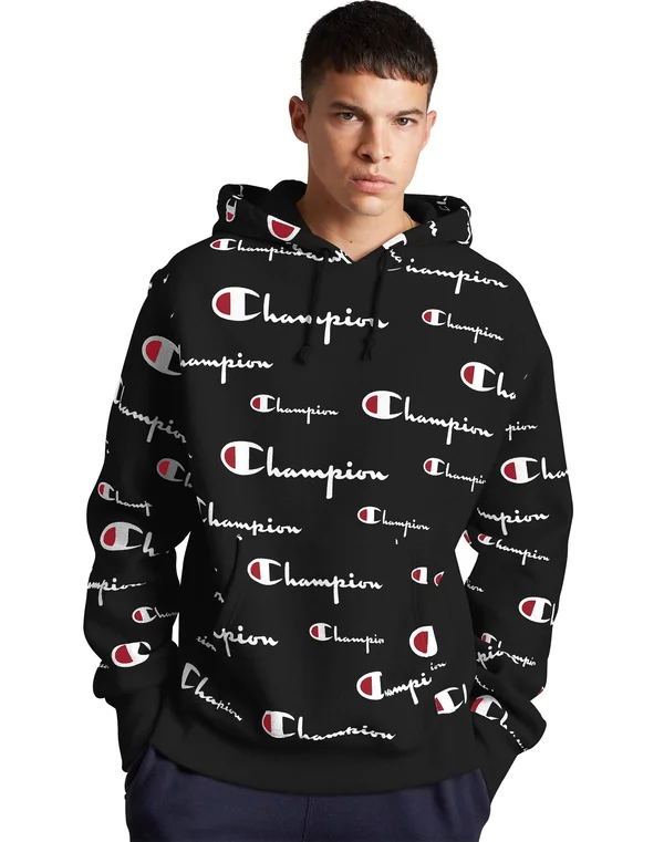 Champion All Over Logo Hoodie - Black - Large