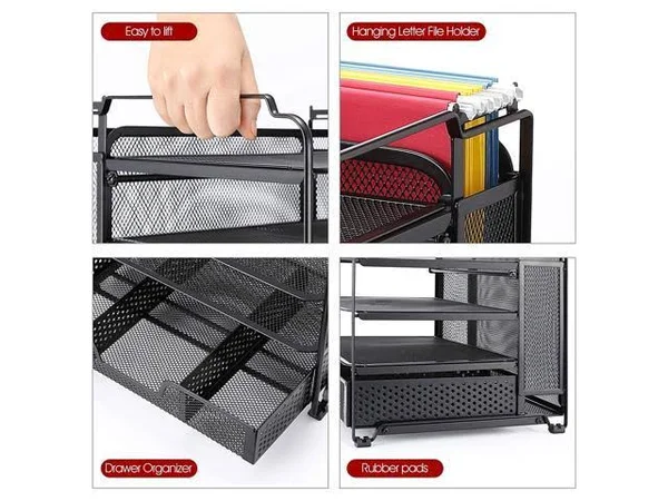 Simple Trending 4-trays Mesh Office Supplies Desk Organizer, Desktop Hanging File Holder with Drawer Organizer and Vertical Upri