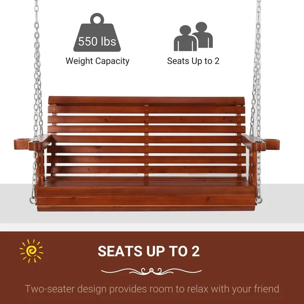 Outsunny 2 Seater Outdoor Porch Swing Seat with Cup Holder Chains Wooden Hammock Bench for Garden Patio Yard Brown