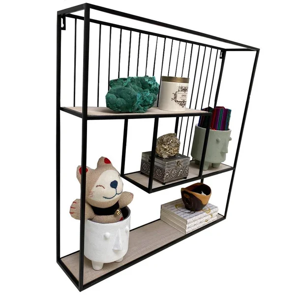 Admired by Nature White Oak Wood Rectangular Wall-Mounted Metal Hanging Storage Floating Shelves, Black