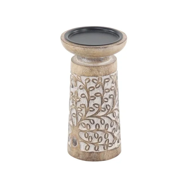 The Curated Nomad Buckroe 3-Piece Rustic Mango Wood Flourish-Patterned Candle Holder Set