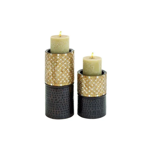 Decmode Metal Mosaic Candle Holder - Set of 2 Gold, Silver - 24101