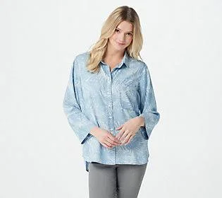 Side Stitch Tencera Printed 3/4-Sleeve Buttonfront Tunic, Size Medium, Palm Print