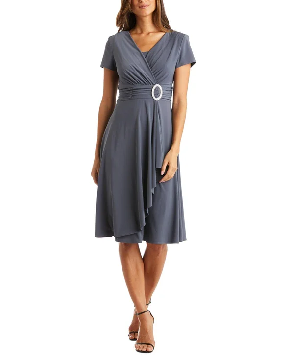 R & M Richards Short-Sleeve Faux-Wrap Dress - 12, Charcoal