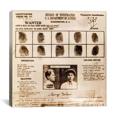 Lester M. Gillis Alias &Baby Face Nelson& Wanted Poster - Fingerprints and Criminal History Record Graphic Art on Canvas iCanvas