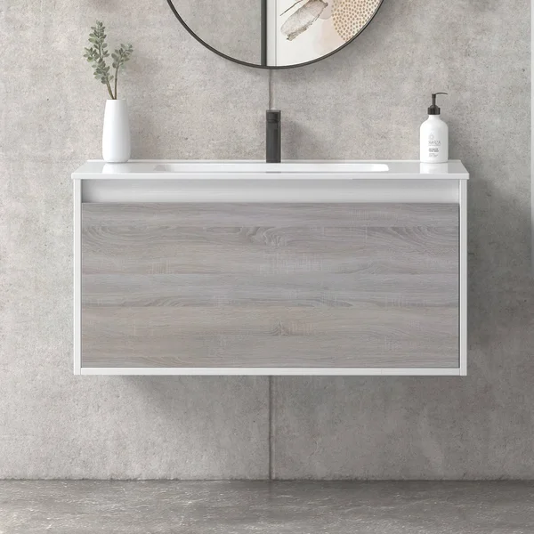 32x22 Bathroom Vanity Cabinet + Ceramic Sink - Tribeca, W 32 x H 20 x D 18 in RHD Weathered