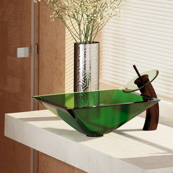 Rene R5-5003-IVY-WF-ORB Ivy Colored Glass Vessel Sink with Oil Rubbed Bronze Waterfall Faucet, Sink Ring, and Vessel Pop-Up Drai