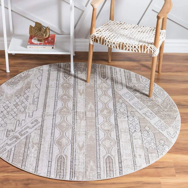 Southwestern Grand Canyon Aztec Area Rug 5 ft Round - Tan