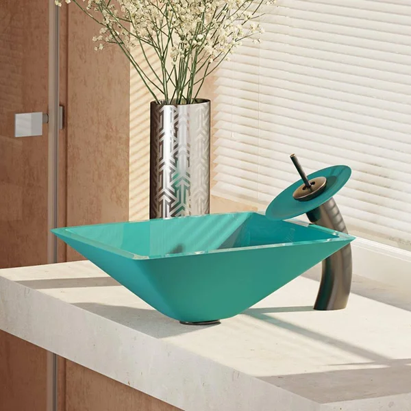 Rene R5-5003-CER-WF 16-1/2x22 Glass Vessel Bathroom Sink with Waterfall Faucet Si Cerulean - Antique