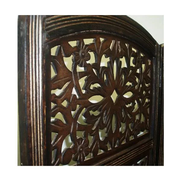 Cotton Craft Rajasthan- Antique Brown 4 Panel Handcrafted Wood Room Divider Screen 72X80 Intricately Carved on Both Sides - Reve