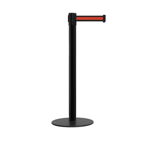 Retractable Belt Barrier Stanchion - Low Profile Steel Base, Black Post, 11Ft. Belt - Montour Line MX630 by Crowd Control Warehou