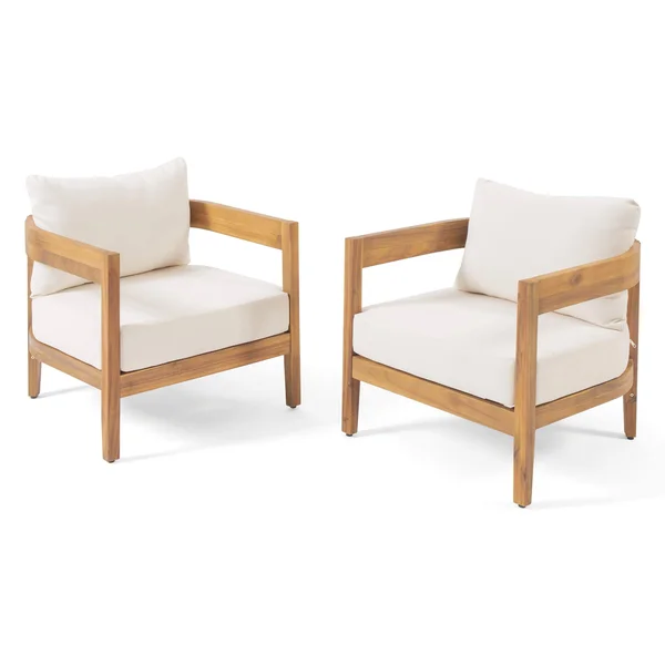 Brooklyn Outdoor Acacia Wood Club Chair with Cushions (Set of 2) by Christopher Knight Home - Teak Finish + Beige Cushion