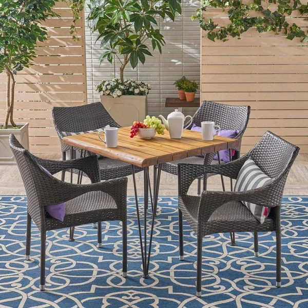 Arya Outdoor 5 Piece Industrial Wood and Wicker Square Dining Set - Multi Brown, Teak