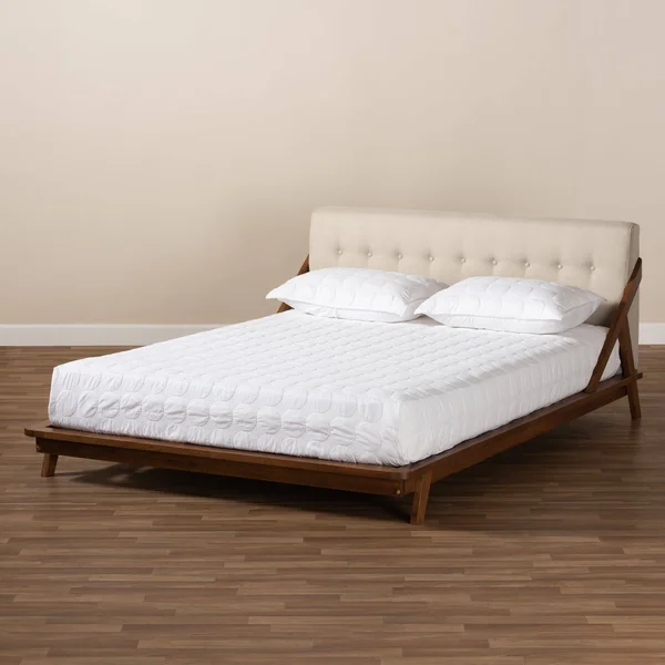 Baxton Studio Sante Light Beige Fabric Upholstered Wood Queen Size Platform Bed