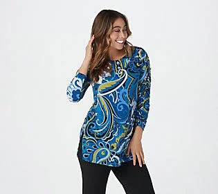 Susan Graver Printed Liquid Knit Tunic withRuched Sleeves - Size Medium, Navy/Teal