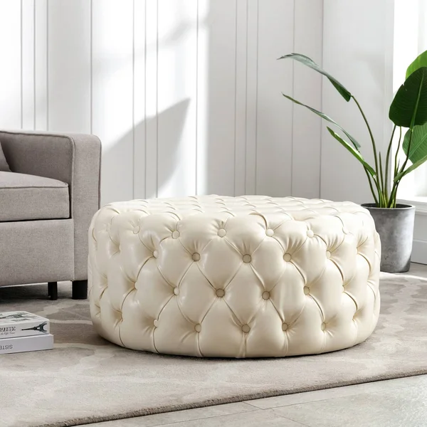KINWELL 35.4 in. Beige Round Cocktail Ottoman