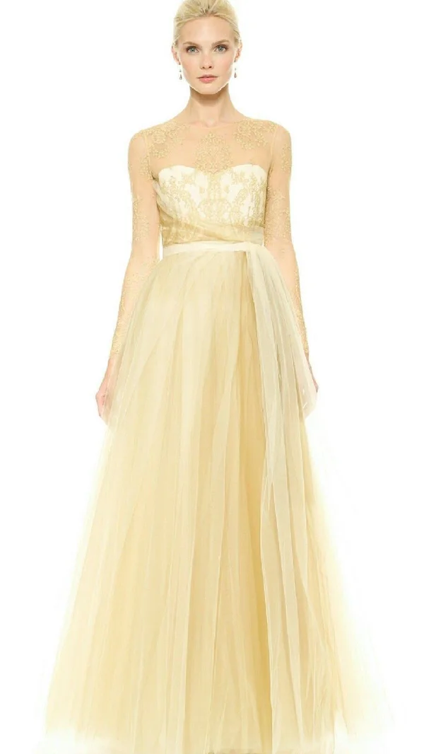 Marchesa Notte Stunning Exclusive Gold Lace Tulle Runway Dress Gown US 2