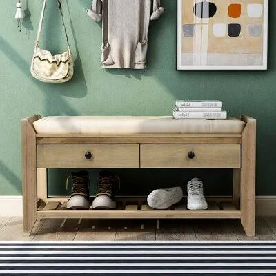 Naydenka Shoe Rack with Cushioned Seat and Drawers, Multipurpose Entryway Storage Bench, Old Pine Red Barrel Studio Color: Gray