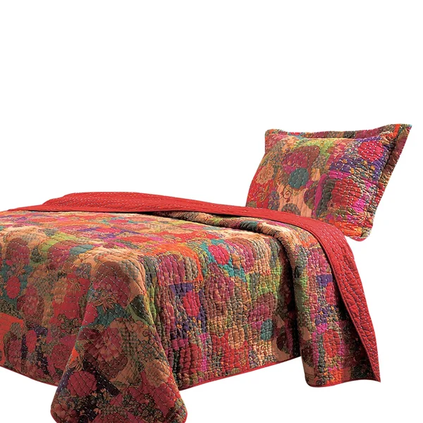 Benjara Tisa 2 Piece Reversible Twin Quilt Set with Floral and Fruit Pattern, Multicolor