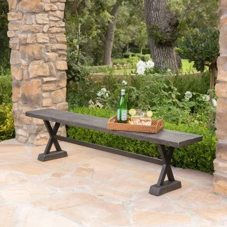 Sam Outdoor Concrete and Steel Dining Bench - Brown, Black