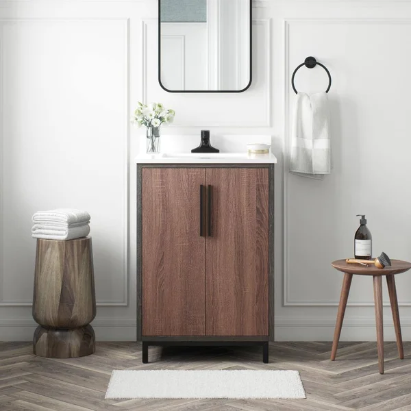 Style Selections Ira 24-in Earthtone and Driftwood Undermount Single Sink Bathroom Vanity with White Engineered Stone Top in Bro