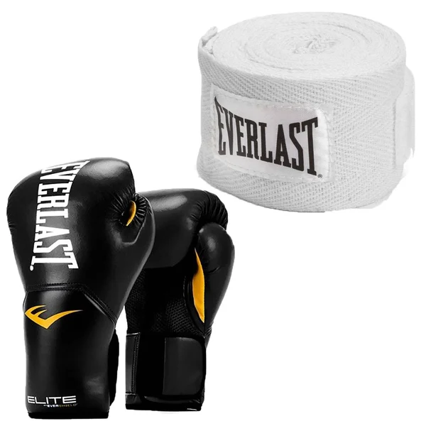 Everlast Elite Pro Style Black Boxing Gloves & 120 inch Cotton Hand Wrap - White