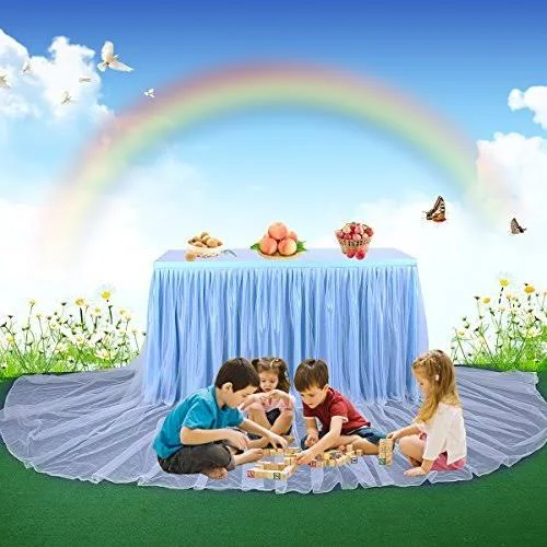 Baby Blue Tulle Tutu Table Skirt for Baby Shower Wedding and Birthday Party - led Table Skirt for Rectangle Table ( 9 ft Table Sk