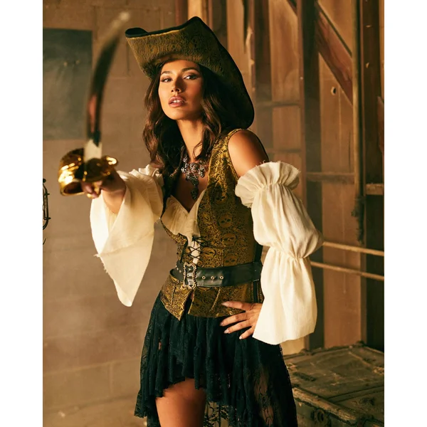 6pc Pirate Queen Costume Medium - Gold/Black/Beige