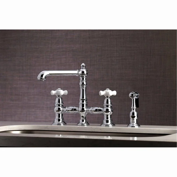 Kingston Brass KS7278PXBS English Country 8x22 Bridge Kitchen Faucet with Sprayer, Brushed Nickel