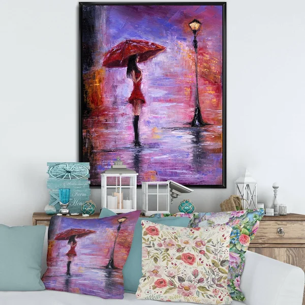 Designart &The Woman with The Umbrella Walking in The Rain I& French Country Framed Canvas Wall Art Print - 30 in. Wide x 40 in.