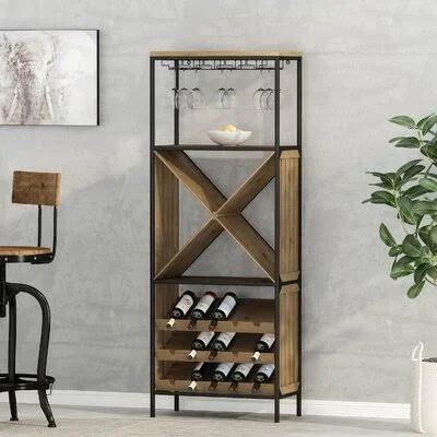 32 Bottle Floor Wine Bottle & Glass Rack in Black/Natural 17 Stories
