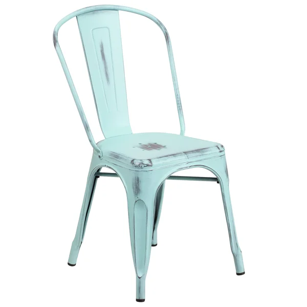 Distressed Metal Indoor-Outdoor Stackable Chair - Kitchen Furniture - Kelly Blue-Teal