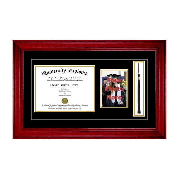 Single Diploma Frame with 5x7 Photo, Tassel and Double Matting for 14 inch x 11 inch Tall Diploma with Cherry 2 inch Frame, Size