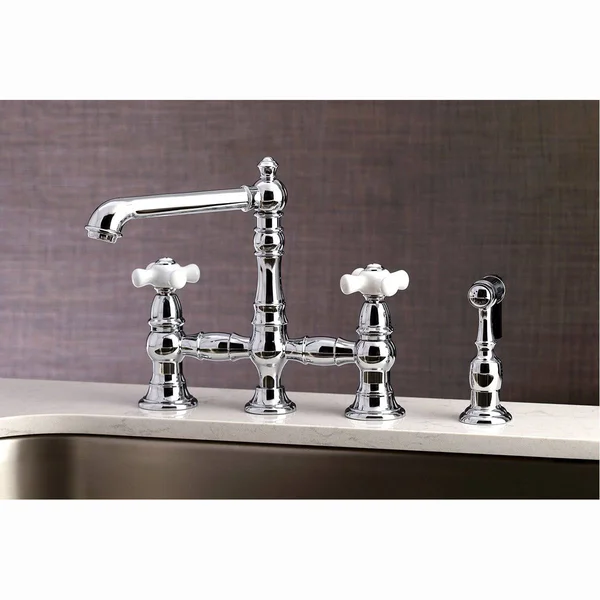 Kingston Brass KS7278PXBS English Country 8x22 Bridge Kitchen Faucet with Sprayer, Brushed Nickel