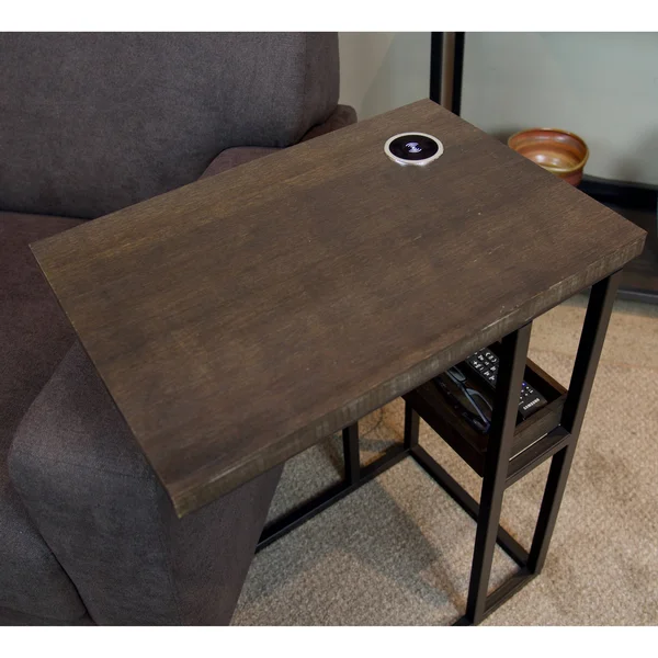 Solid Bamboo Steel Frame C-Table with Tray & Wireless USB Charger (Brushed Brown)