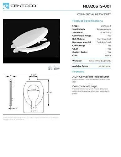 Centoco HL820STS-001 Plastic Elongated Toilet Seat with Open Front - White