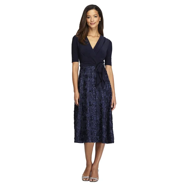 Alex Evenings Women's Rosette Tea-Length Dress - Blue 6