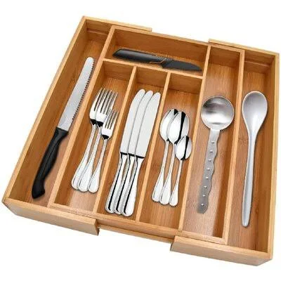 Rebrilliant Bamboo Kitchen Drawer Organizer, Silverware Drawer Organizer with 5 Compartments and 2 Expandable Utensil Drawer for