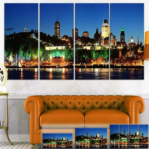 Designart 'Panoramic Quebec City at Night' Cityscape Photo Canvas Print - Blue - 20 in. Wide x 12 in. High - 1 Panel