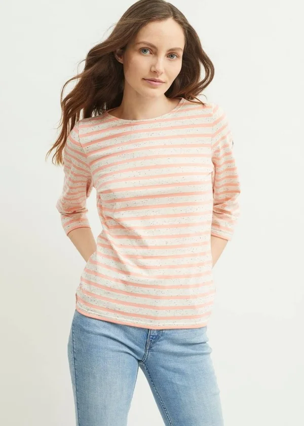 Women's Breton Striped Shirt, Round Neck, 3/4 Sleeve, Galathee II, Saint James, TEXTURED-BEIGE/PEACH, 4
