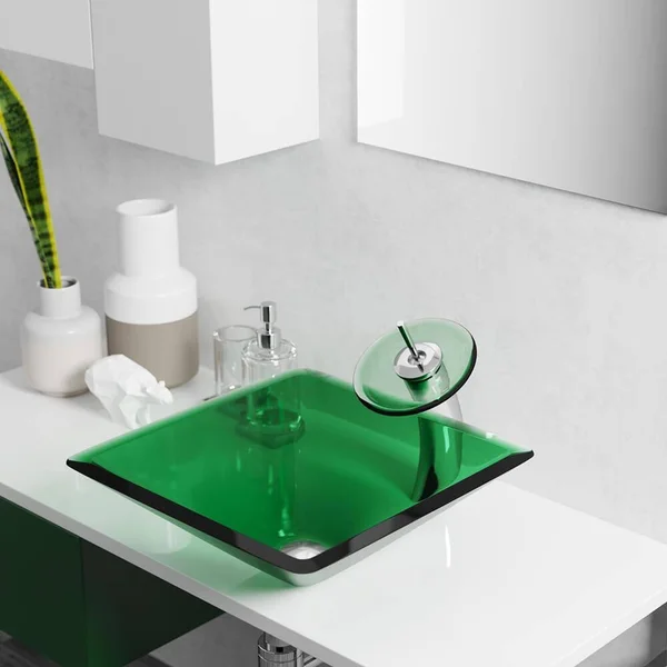 Rene R5-5003-IVY-WF-ORB Ivy Colored Glass Vessel Sink with Oil Rubbed Bronze Waterfall Faucet, Sink Ring, and Vessel Pop-Up Drai