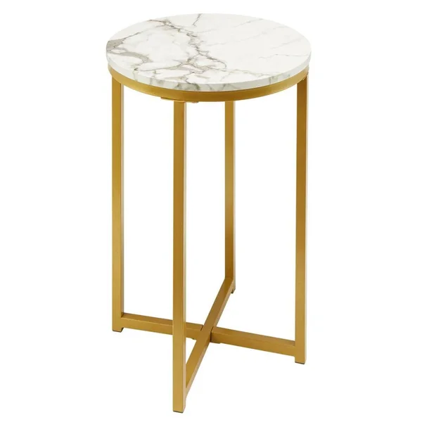 Merra 16 in. Gold Round Faux Marble End Table with Cross Legs