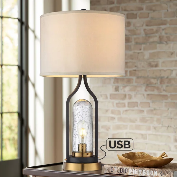 Franklin Iron Works Industrial Farmhouse Table Lamp with Nightlight LED Bronze Brass Seeded Clear Glass Drum Shade for Living Ro