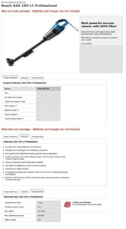 Bosch GAS18V-LI Professional Extractor Handheld Vacuum Cleaner (Bare Tool Solo)