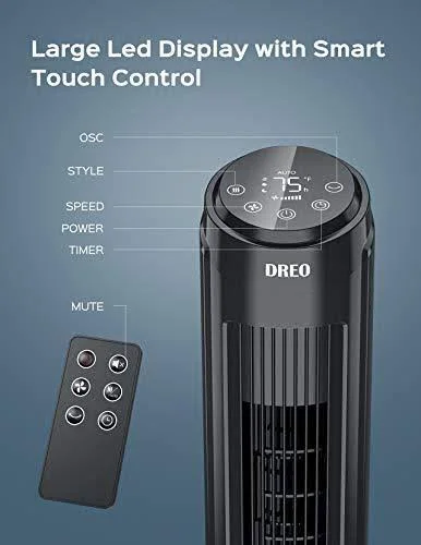 Tower Fan, Dreo 90° Oscillating Fans with Remote, Quiet Cooling, 12 Modes, 12H Timer, Space-Saving, LED Display with Touch Contro