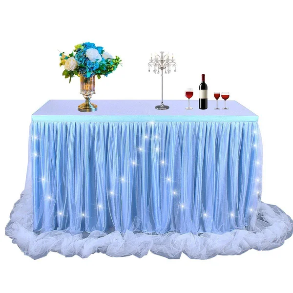 Baby Blue Tulle Tutu Table Skirt for Baby Shower Wedding and Birthday Party - led Table Skirt for Rectangle Table ( 9 ft Table Sk