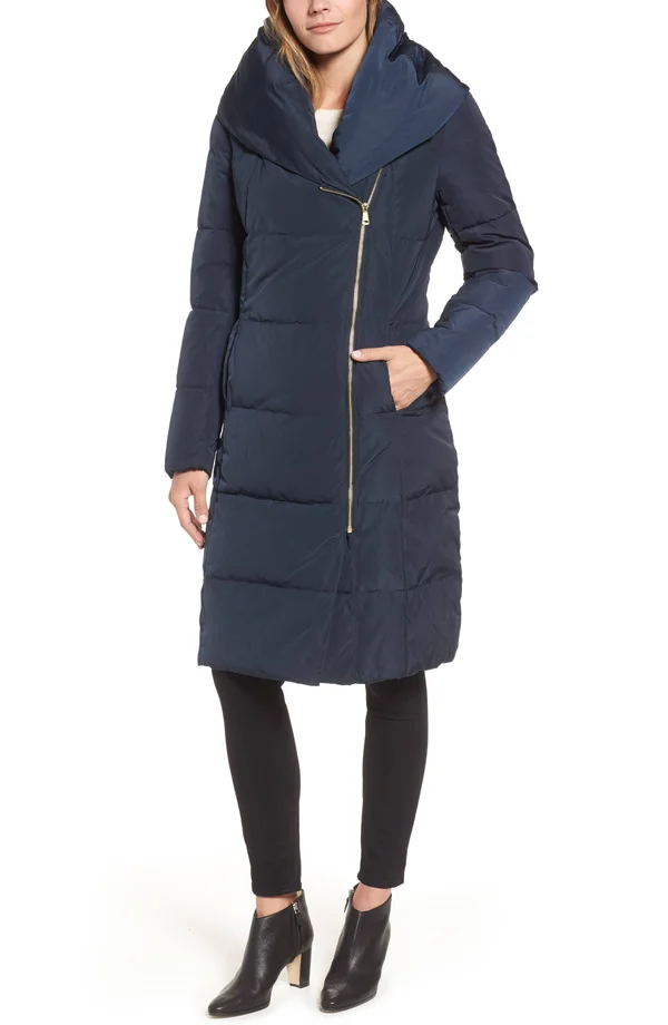 Cole Haan Women's Taffeta Down Double Breasted Zip Front Coat, Navy, Xs